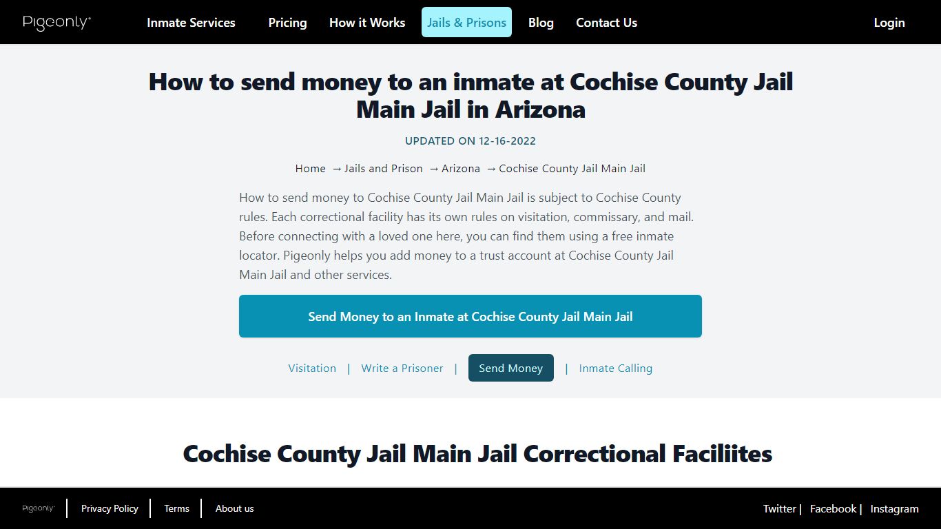 Send Money to Inmate Cochise County Jail Main Jail, Arizona - Pigeonly